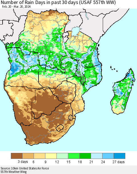 Southern Africa Number of Rain Days in past 30 days (USAF 557th WW) 03/20/2024 Thematic Map For 3/16/2024 - 3/20/2024
