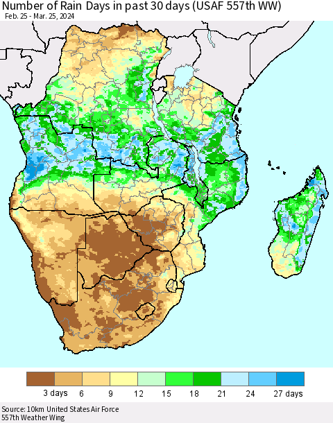 Southern Africa Number of Rain Days in past 30 days (USAF 557th WW) 03/25/2024 Thematic Map For 3/21/2024 - 3/25/2024