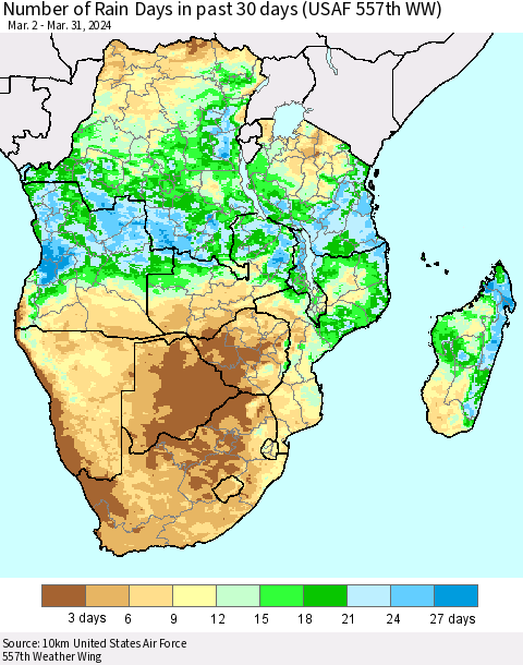 Southern Africa Number of Rain Days in past 30 days (USAF 557th WW) Thematic Map For 3/26/2024 - 3/31/2024