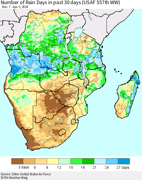 Southern Africa Number of Rain Days in past 30 days (USAF 557th WW) 04/05/2024 Thematic Map For 4/1/2024 - 4/5/2024