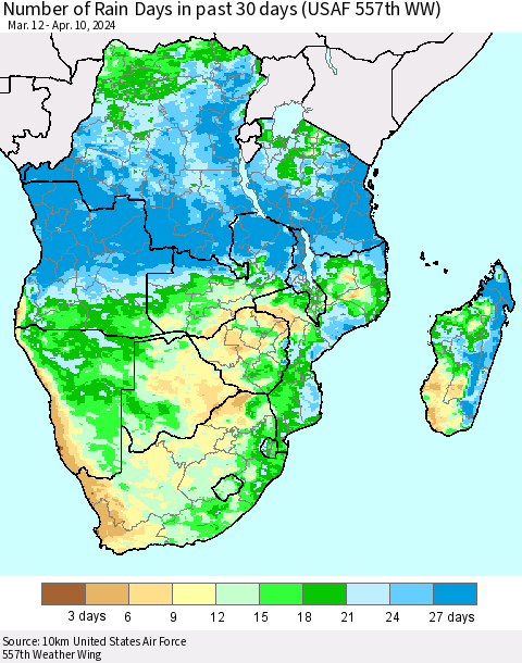 Southern Africa Number of Rain Days in past 30 days (USAF 557th WW) 04/10/2024 Thematic Map For 4/6/2024 - 4/10/2024