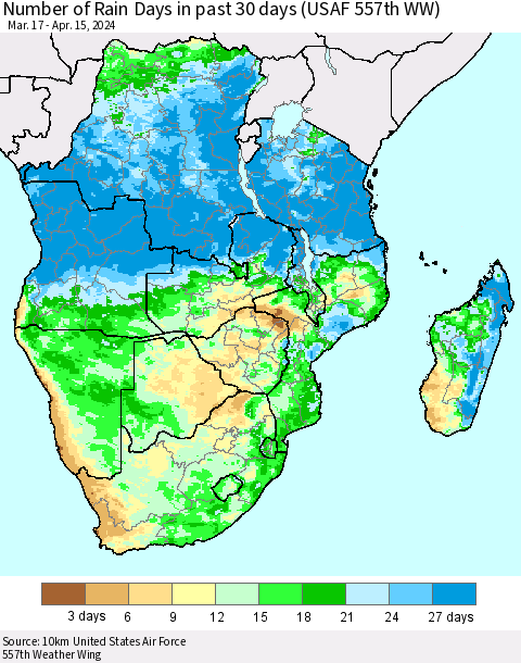 Southern Africa Number of Rain Days in past 30 days (USAF 557th WW) 04/15/2024 Thematic Map For 4/11/2024 - 4/15/2024