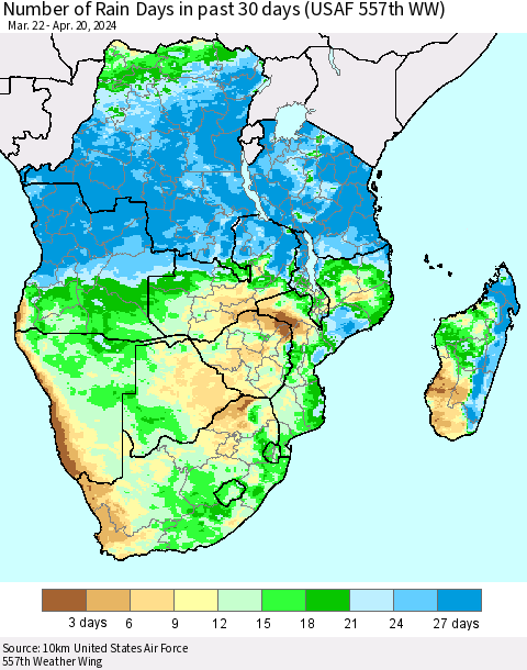 Southern Africa Number of Rain Days in past 30 days (USAF 557th WW) 04/20/2024 Thematic Map For 4/16/2024 - 4/20/2024