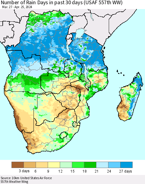 Southern Africa Number of Rain Days in past 30 days (USAF 557th WW) 04/25/2024 Thematic Map For 4/21/2024 - 4/25/2024