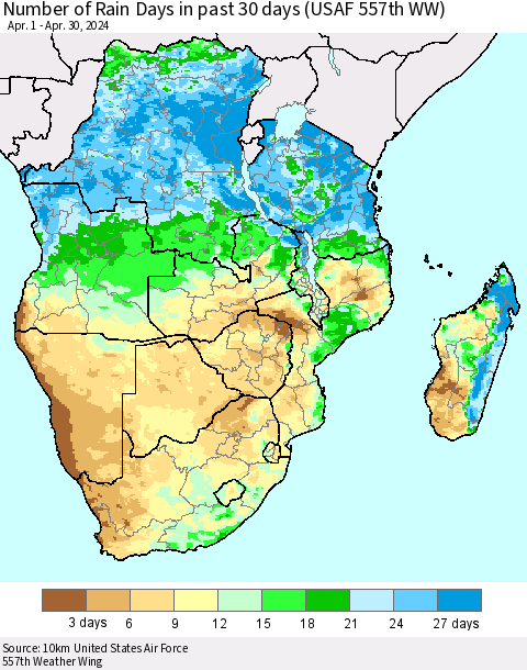 Southern Africa Number of Rain Days in past 30 days (USAF 557th WW) Thematic Map For 4/26/2024 - 4/30/2024
