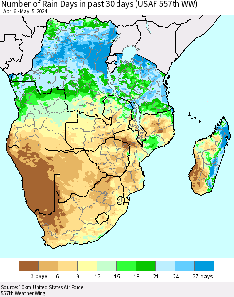 Southern Africa Number of Rain Days in past 30 days (USAF 557th WW) 05/05/2024 Thematic Map For 5/1/2024 - 5/5/2024