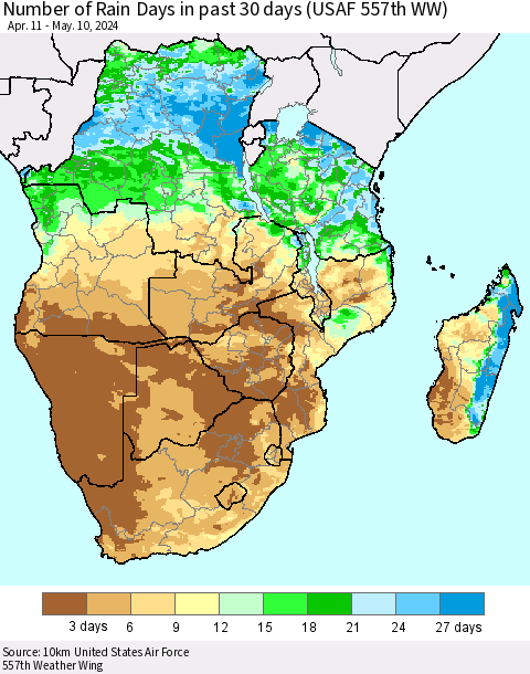 Southern Africa Number of Rain Days in past 30 days (USAF 557th WW) 05/10/2024 Thematic Map For 5/6/2024 - 5/10/2024