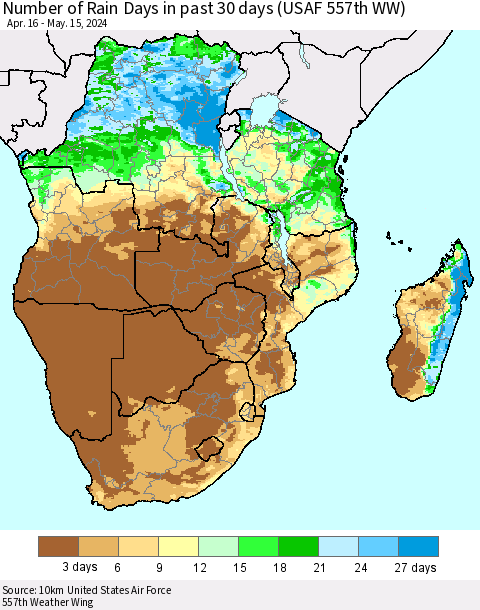 Southern Africa Number of Rain Days in past 30 days (USAF 557th WW) 05/15/2024 Thematic Map For 5/11/2024 - 5/15/2024