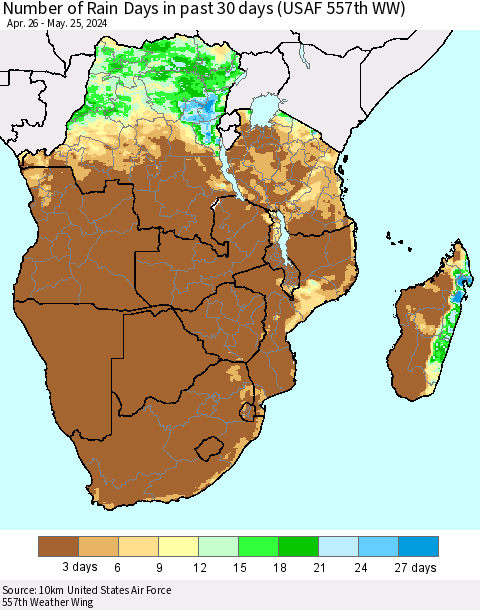 Southern Africa Number of Rain Days in past 30 days (USAF 557th WW) Thematic Map For 5/21/2024 - 5/25/2024