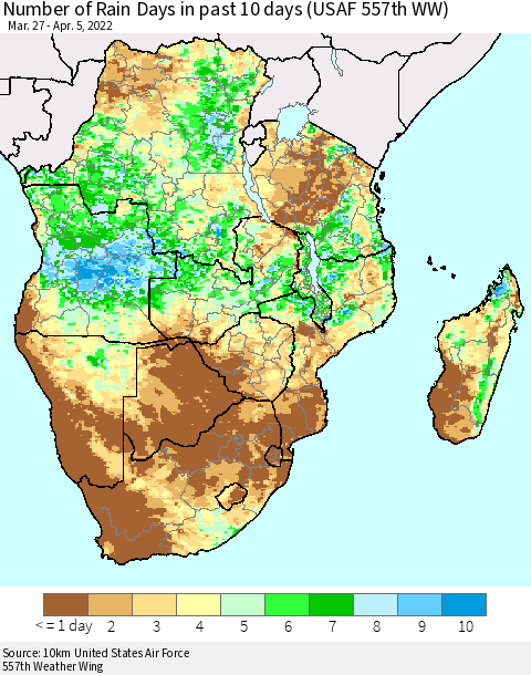 Southern Africa Number of Rain Days in past 10 days (USAF 557th WW) Thematic Map For 4/1/2022 - 4/5/2022
