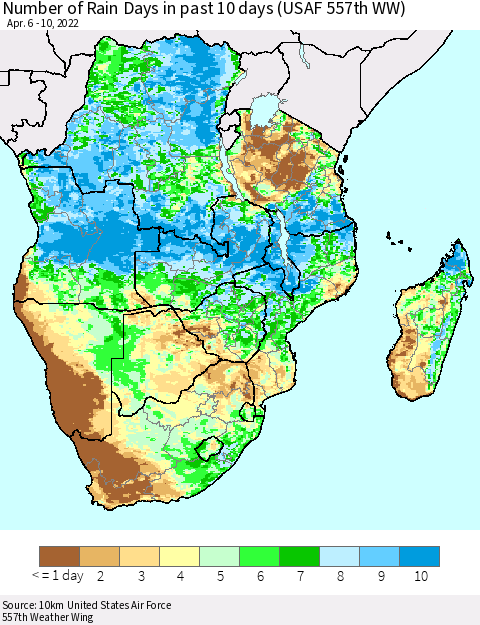 Southern Africa Number of Rain Days in past 10 days (USAF 557th WW) Thematic Map For 4/6/2022 - 4/10/2022
