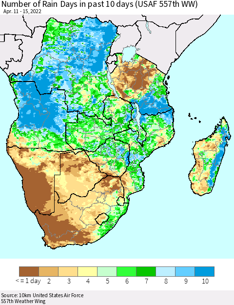 Southern Africa Number of Rain Days in past 10 days (USAF 557th WW) Thematic Map For 4/11/2022 - 4/15/2022