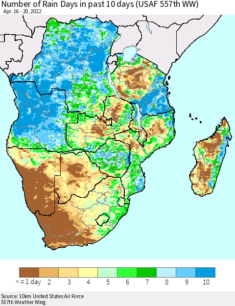 Southern Africa Number of Rain Days in past 10 days (USAF 557th WW) Thematic Map For 4/16/2022 - 4/20/2022