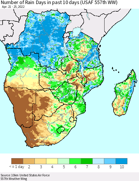 Southern Africa Number of Rain Days in past 10 days (USAF 557th WW) Thematic Map For 4/21/2022 - 4/25/2022