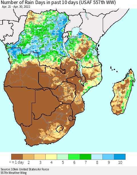 Southern Africa Number of Rain Days in past 10 days (USAF 557th WW) Thematic Map For 4/26/2022 - 4/30/2022
