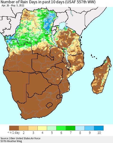 Southern Africa Number of Rain Days in past 10 days (USAF 557th WW) Thematic Map For 5/1/2022 - 5/5/2022