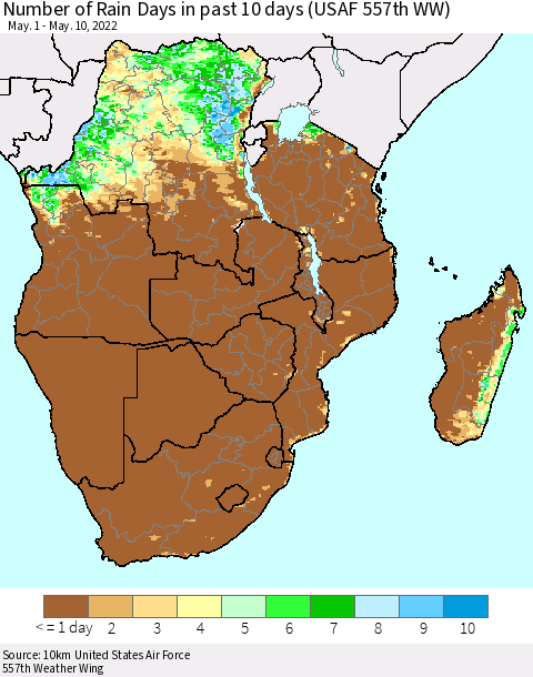 Southern Africa Number of Rain Days in past 10 days (USAF 557th WW) Thematic Map For 5/6/2022 - 5/10/2022