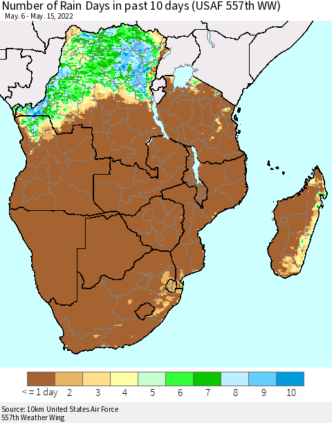 Southern Africa Number of Rain Days in past 10 days (USAF 557th WW) Thematic Map For 5/11/2022 - 5/15/2022