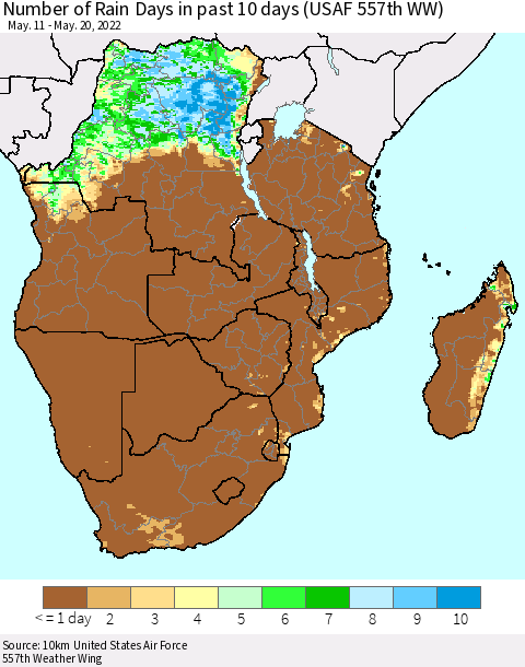 Southern Africa Number of Rain Days in past 10 days (USAF 557th WW) Thematic Map For 5/16/2022 - 5/20/2022