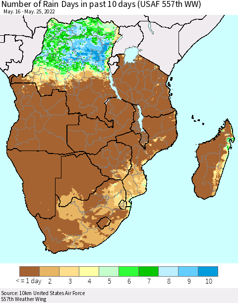 Southern Africa Number of Rain Days in past 10 days (USAF 557th WW) Thematic Map For 5/21/2022 - 5/25/2022