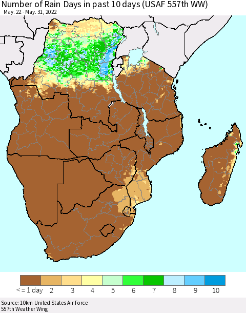Southern Africa Number of Rain Days in past 10 days (USAF 557th WW) Thematic Map For 5/26/2022 - 5/31/2022