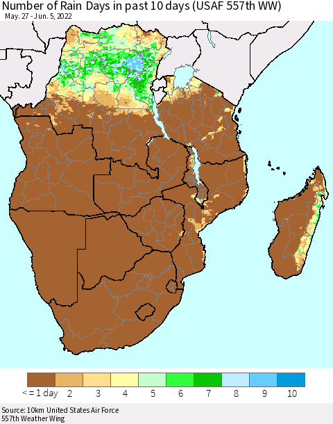 Southern Africa Number of Rain Days in past 10 days (USAF 557th WW) Thematic Map For 6/1/2022 - 6/5/2022