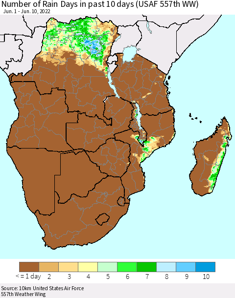 Southern Africa Number of Rain Days in past 10 days (USAF 557th WW) Thematic Map For 6/6/2022 - 6/10/2022