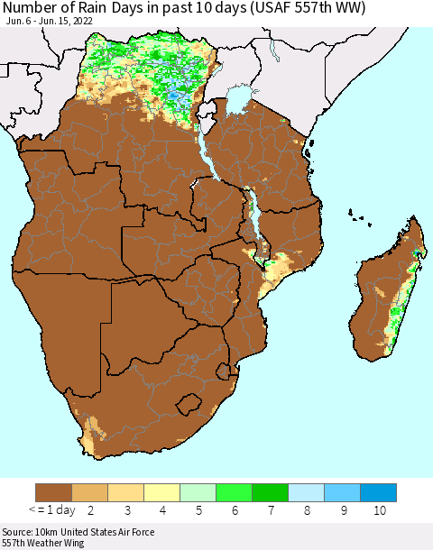 Southern Africa Number of Rain Days in past 10 days (USAF 557th WW) Thematic Map For 6/11/2022 - 6/15/2022