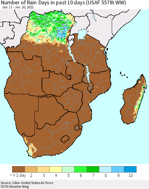 Southern Africa Number of Rain Days in past 10 days (USAF 557th WW) Thematic Map For 6/16/2022 - 6/20/2022