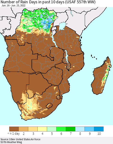 Southern Africa Number of Rain Days in past 10 days (USAF 557th WW) Thematic Map For 6/21/2022 - 6/25/2022