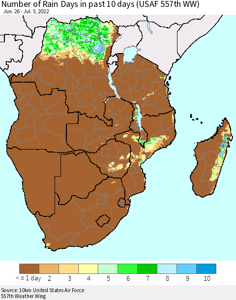 Southern Africa Number of Rain Days in past 10 days (USAF 557th WW) Thematic Map For 7/1/2022 - 7/5/2022
