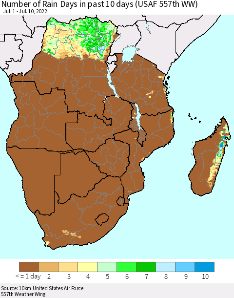 Southern Africa Number of Rain Days in past 10 days (USAF 557th WW) Thematic Map For 7/6/2022 - 7/10/2022