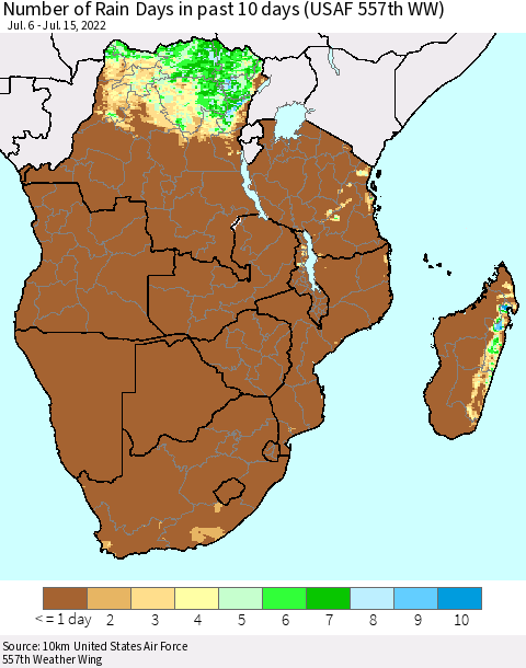 Southern Africa Number of Rain Days in past 10 days (USAF 557th WW) Thematic Map For 7/11/2022 - 7/15/2022