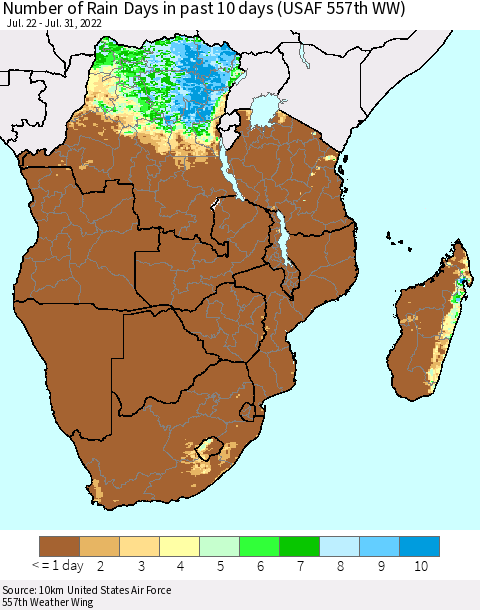 Southern Africa Number of Rain Days in past 10 days (USAF 557th WW) Thematic Map For 7/26/2022 - 7/31/2022