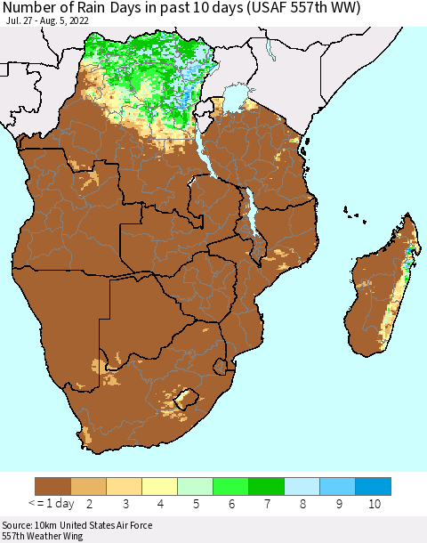 Southern Africa Number of Rain Days in past 10 days (USAF 557th WW) Thematic Map For 8/1/2022 - 8/5/2022