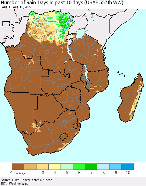 Southern Africa Number of Rain Days in past 10 days (USAF 557th WW) Thematic Map For 8/6/2022 - 8/10/2022