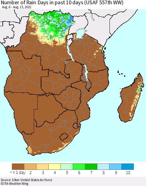 Southern Africa Number of Rain Days in past 10 days (USAF 557th WW) Thematic Map For 8/11/2022 - 8/15/2022