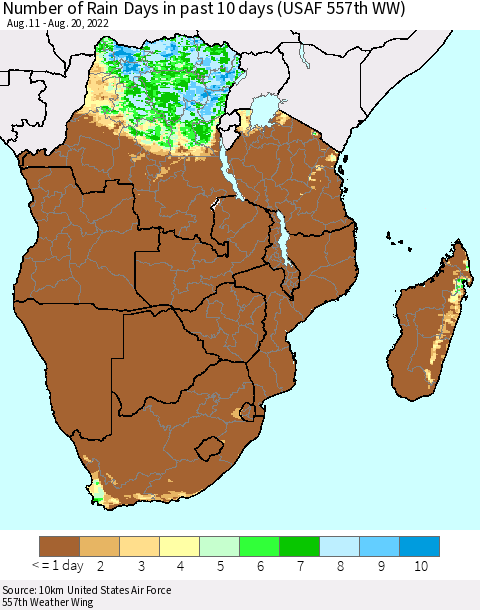 Southern Africa Number of Rain Days in past 10 days (USAF 557th WW) Thematic Map For 8/16/2022 - 8/20/2022