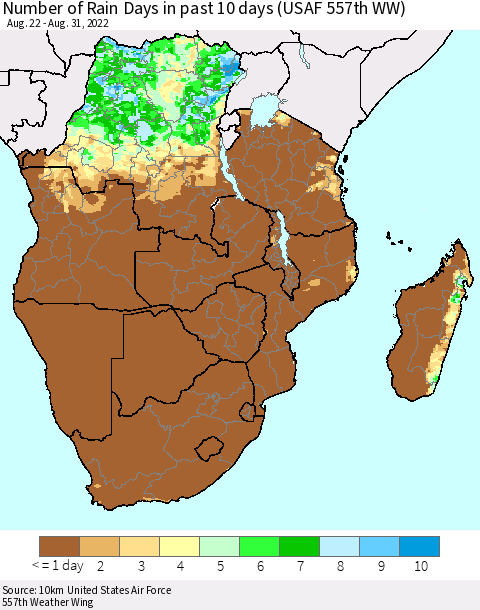 Southern Africa Number of Rain Days in past 10 days (USAF 557th WW) Thematic Map For 8/26/2022 - 8/31/2022