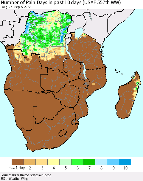 Southern Africa Number of Rain Days in past 10 days (USAF 557th WW) Thematic Map For 9/1/2022 - 9/5/2022