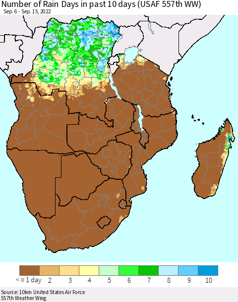 Southern Africa Number of Rain Days in past 10 days (USAF 557th WW) Thematic Map For 9/11/2022 - 9/15/2022