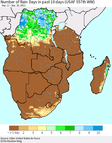 Southern Africa Number of Rain Days in past 10 days (USAF 557th WW) Thematic Map For 9/16/2022 - 9/20/2022