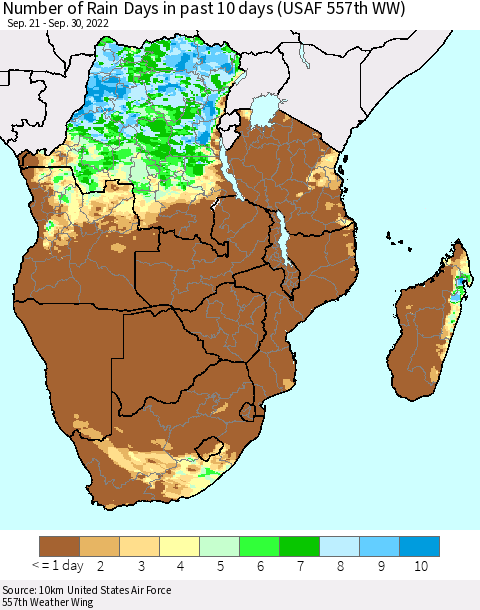 Southern Africa Number of Rain Days in past 10 days (USAF 557th WW) Thematic Map For 9/26/2022 - 9/30/2022