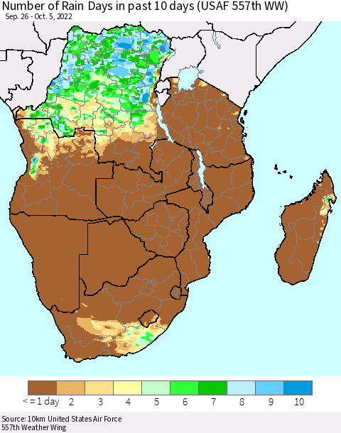 Southern Africa Number of Rain Days in past 10 days (USAF 557th WW) Thematic Map For 10/1/2022 - 10/5/2022