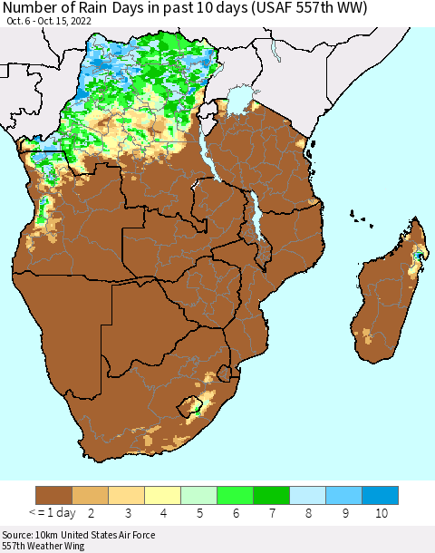 Southern Africa Number of Rain Days in past 10 days (USAF 557th WW) Thematic Map For 10/11/2022 - 10/15/2022