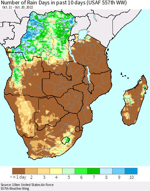 Southern Africa Number of Rain Days in past 10 days (USAF 557th WW) Thematic Map For 10/16/2022 - 10/20/2022