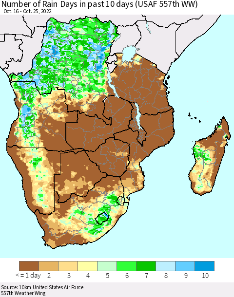 Southern Africa Number of Rain Days in past 10 days (USAF 557th WW) Thematic Map For 10/21/2022 - 10/25/2022