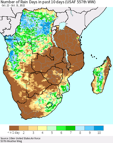 Southern Africa Number of Rain Days in past 10 days (USAF 557th WW) Thematic Map For 10/26/2022 - 10/31/2022