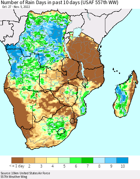 Southern Africa Number of Rain Days in past 10 days (USAF 557th WW) Thematic Map For 11/1/2022 - 11/5/2022