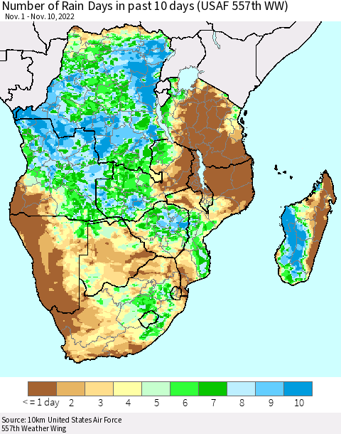 Southern Africa Number of Rain Days in past 10 days (USAF 557th WW) Thematic Map For 11/6/2022 - 11/10/2022